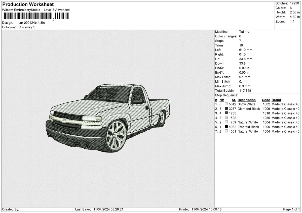 Car 090424b Embroidery File 6 size