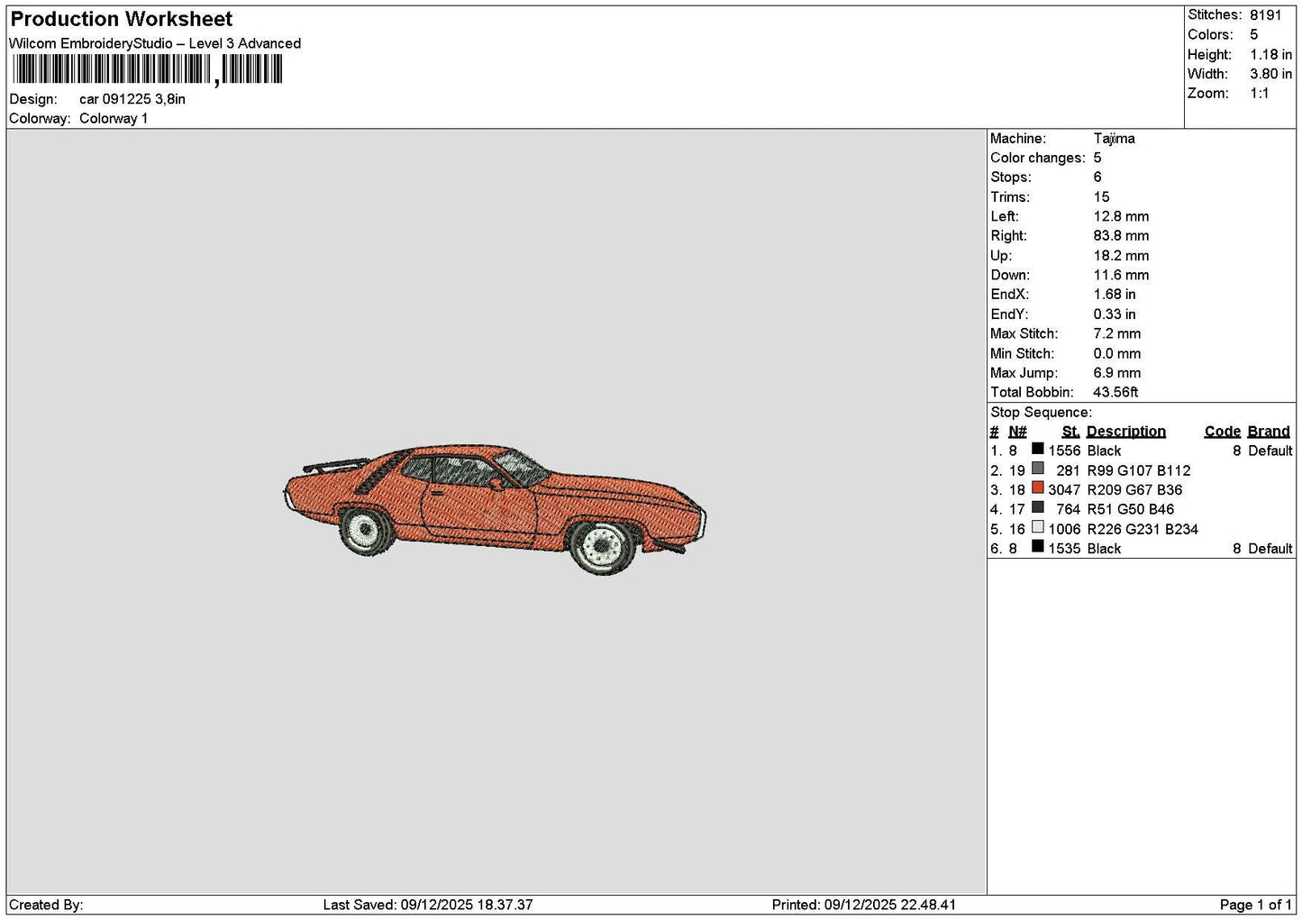 Orange Car 0912 Embroidery File 6 sizes