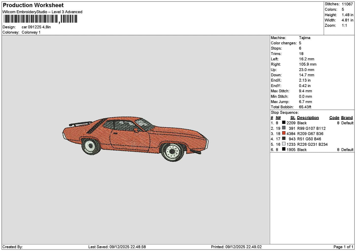 Orange Car 0912 Embroidery File 6 sizes