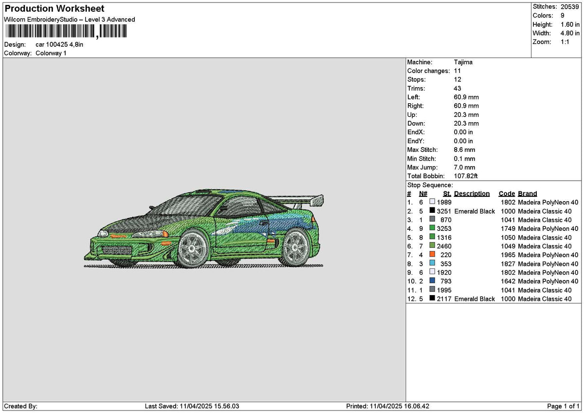 Green Car 1004 Embroidery File 6 sizes