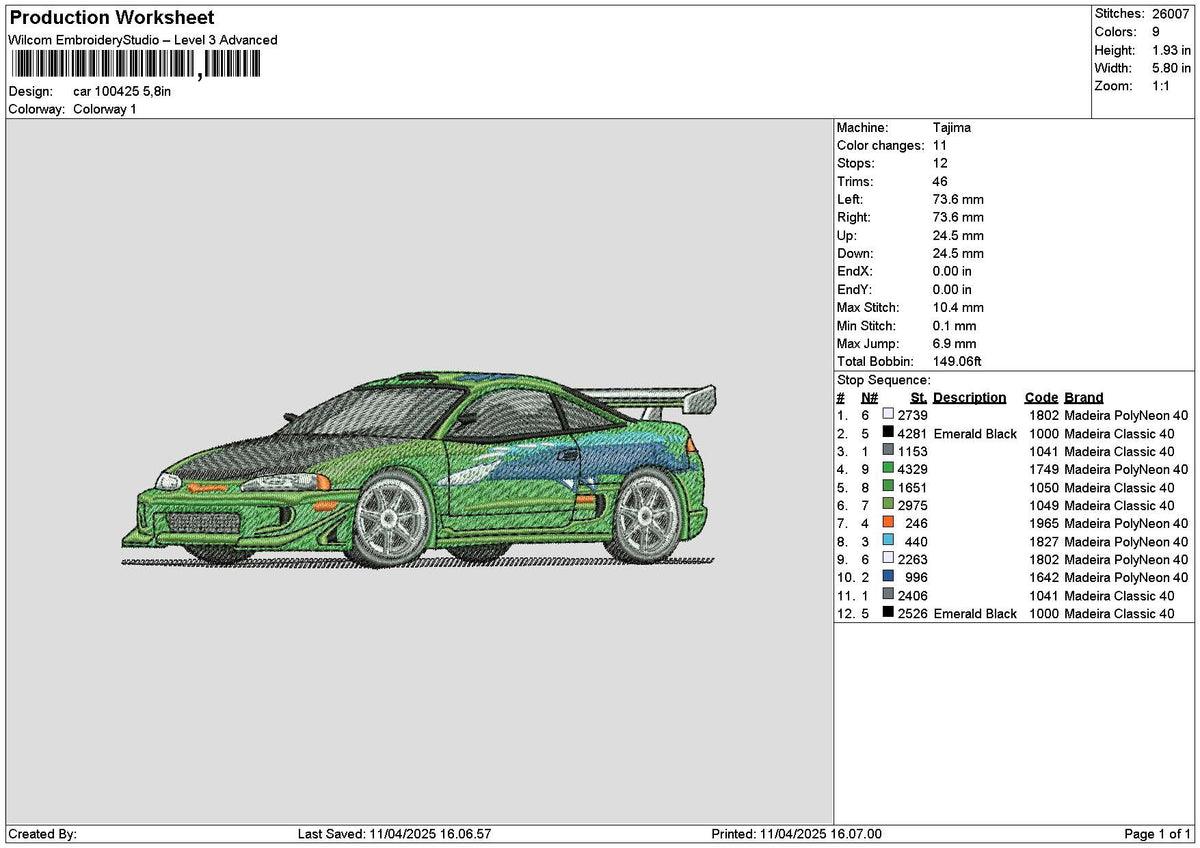 Green Car 1004 Embroidery File 6 sizes