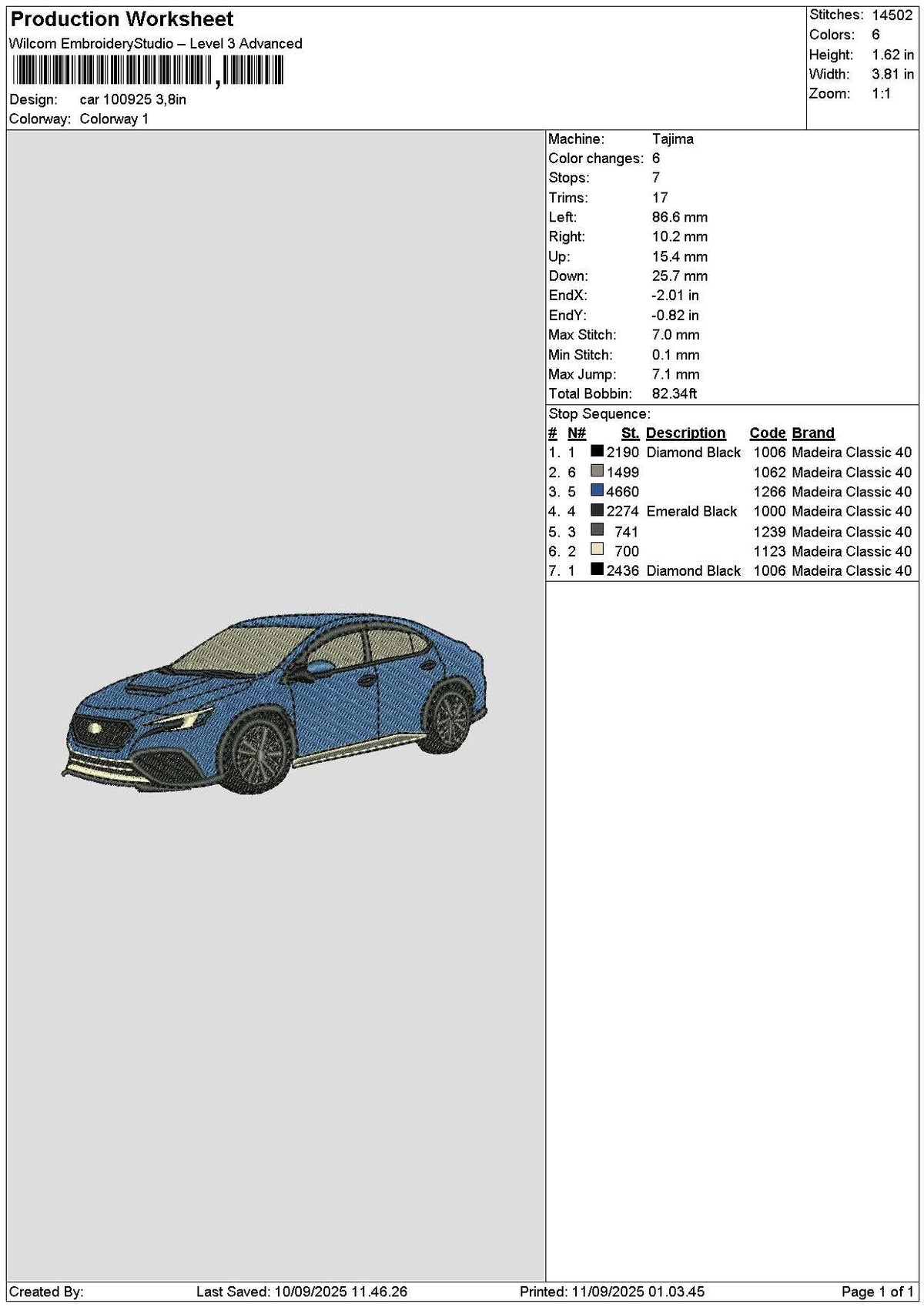 Car 1009 Embroidery File 6 sizes