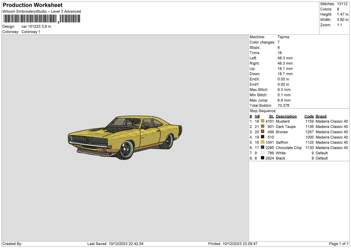 Yellow Car 1012 Embroidery File 6 sizes