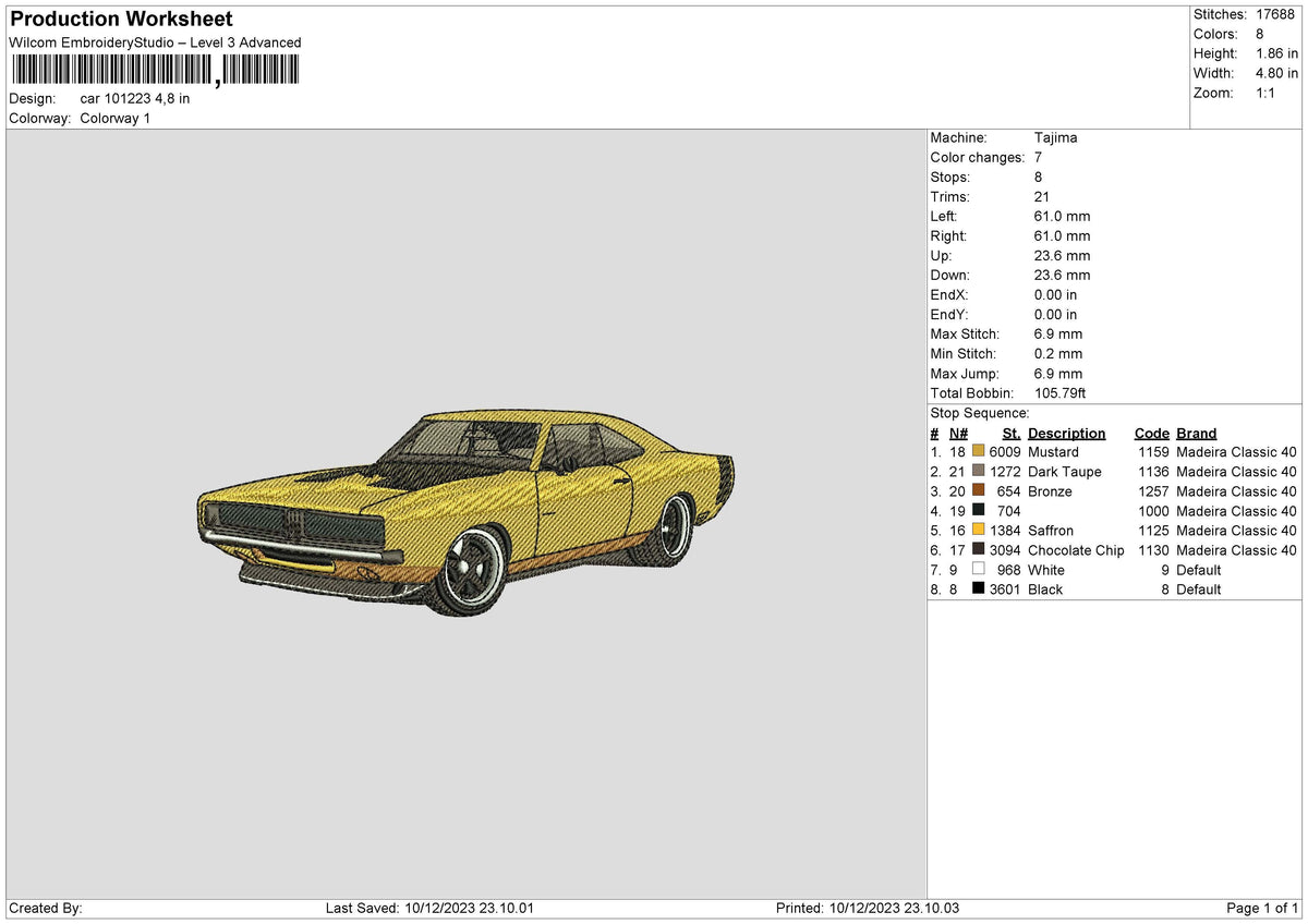 Yellow Car 1012 Embroidery File 6 sizes