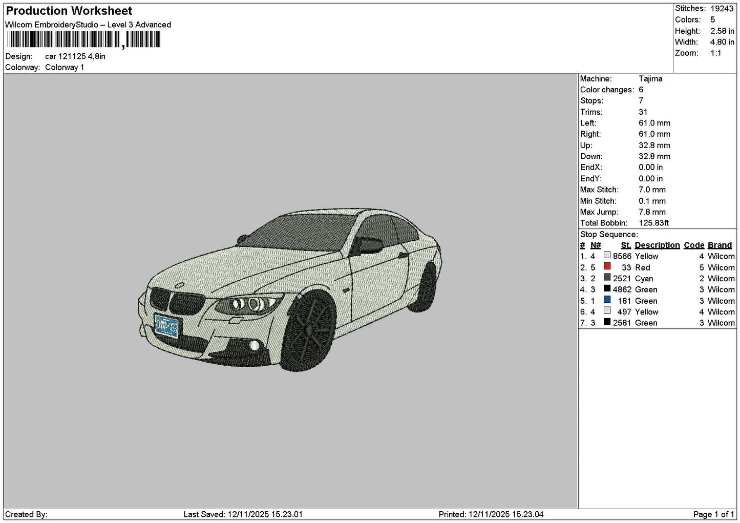 Car 1211 Embroidery File 6 sizes