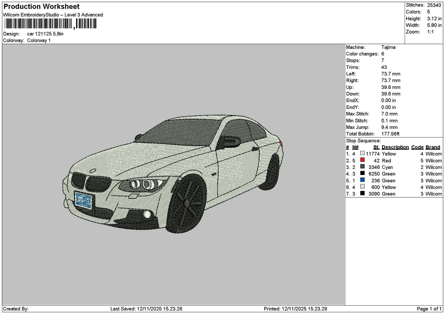 Car 1211 Embroidery File 6 sizes