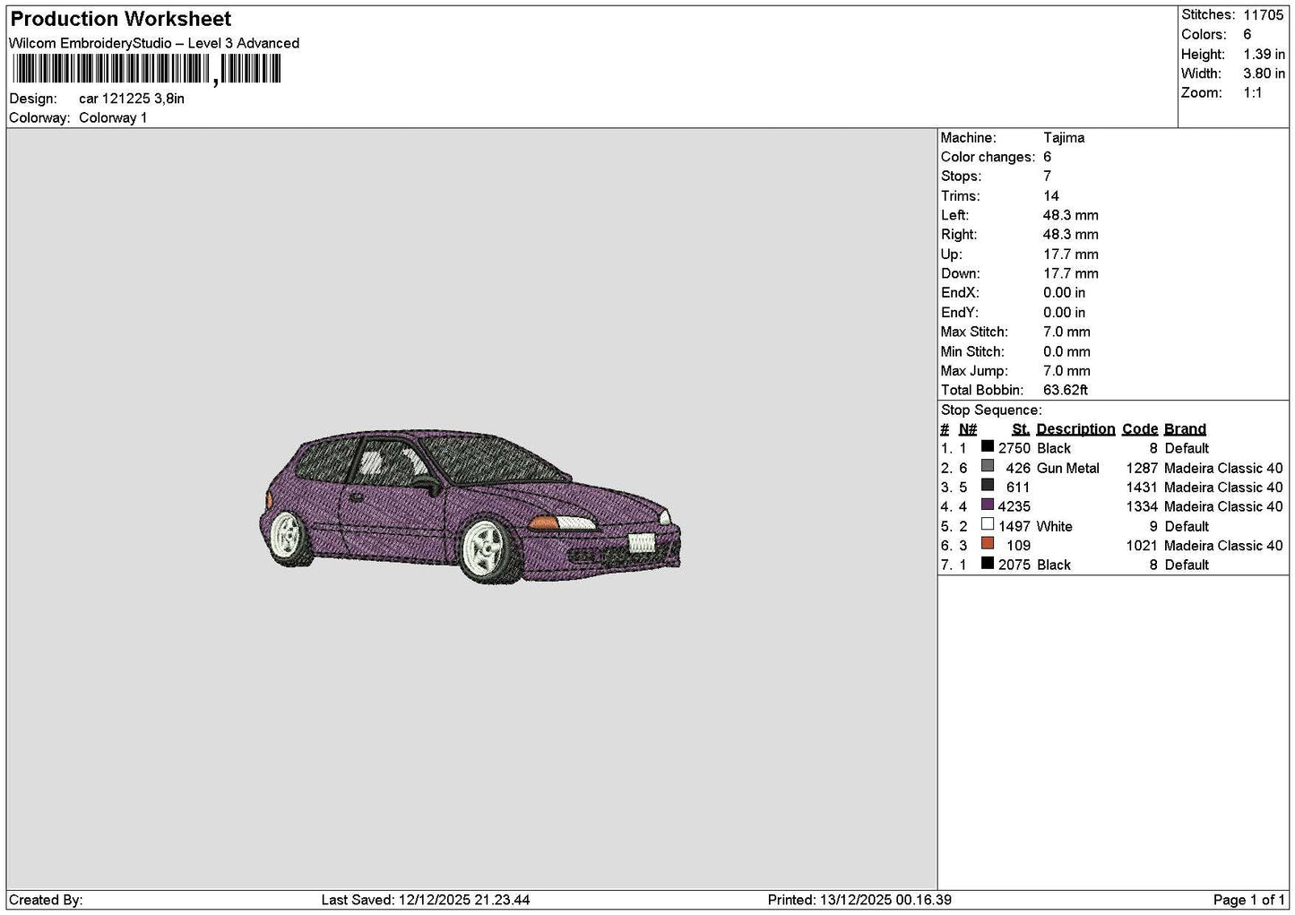 Purple Car 1212 Embroidery File 6 sizes
