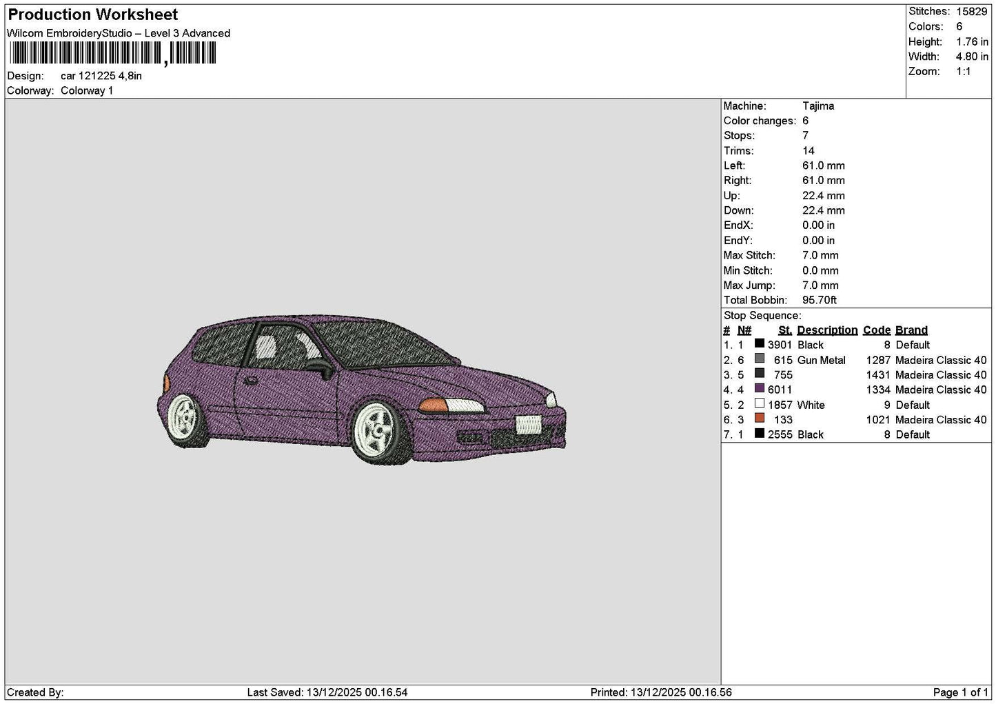 Purple Car 1212 Embroidery File 6 sizes