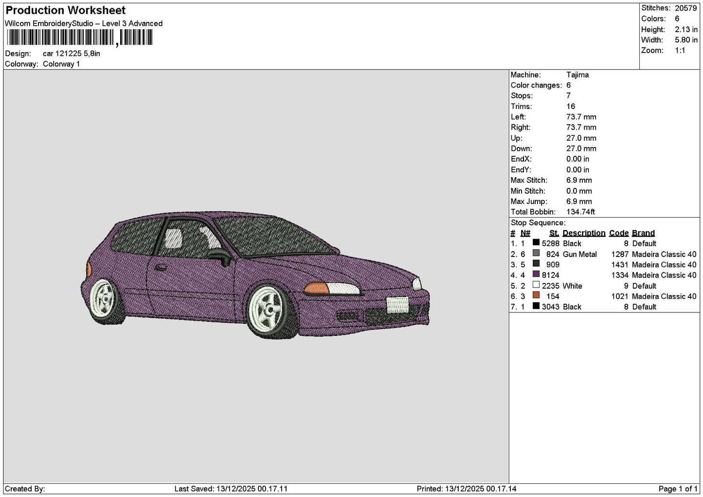 Purple Car 1212 Embroidery File 6 sizes