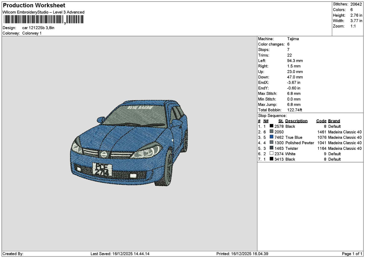 Blue Car 1212 Embroidery File 6 sizes
