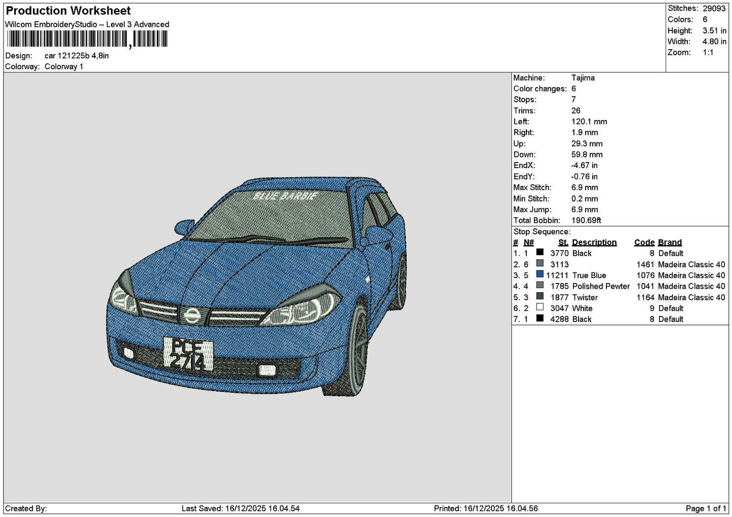 Blue Car 1212 Embroidery File 6 sizes