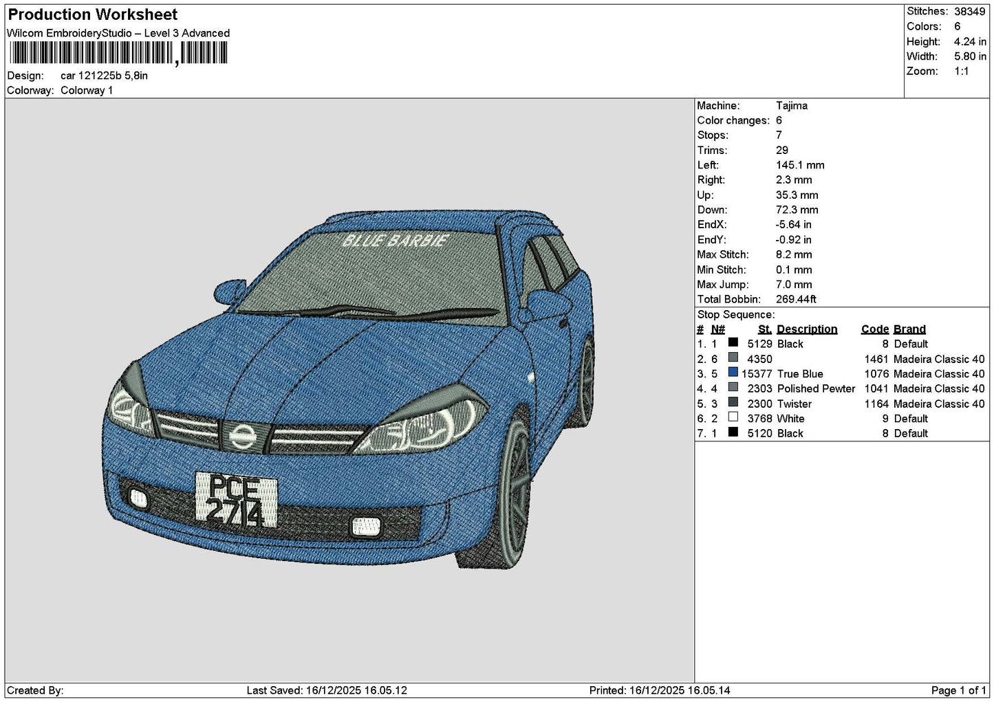 Blue Car 1212 Embroidery File 6 sizes