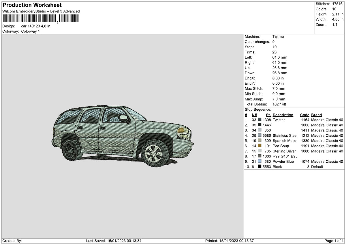 Car 1401 Embroidery File 6 sizes