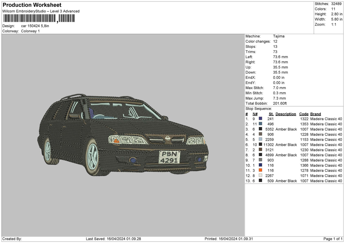 Car 1504 Embroidery File 6 sizes