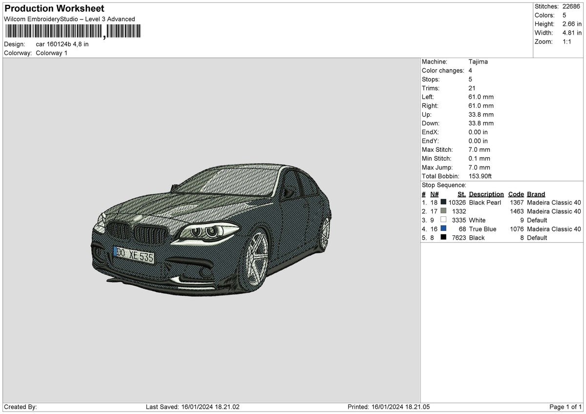 Car 1601b Embroidery File 6 sizes