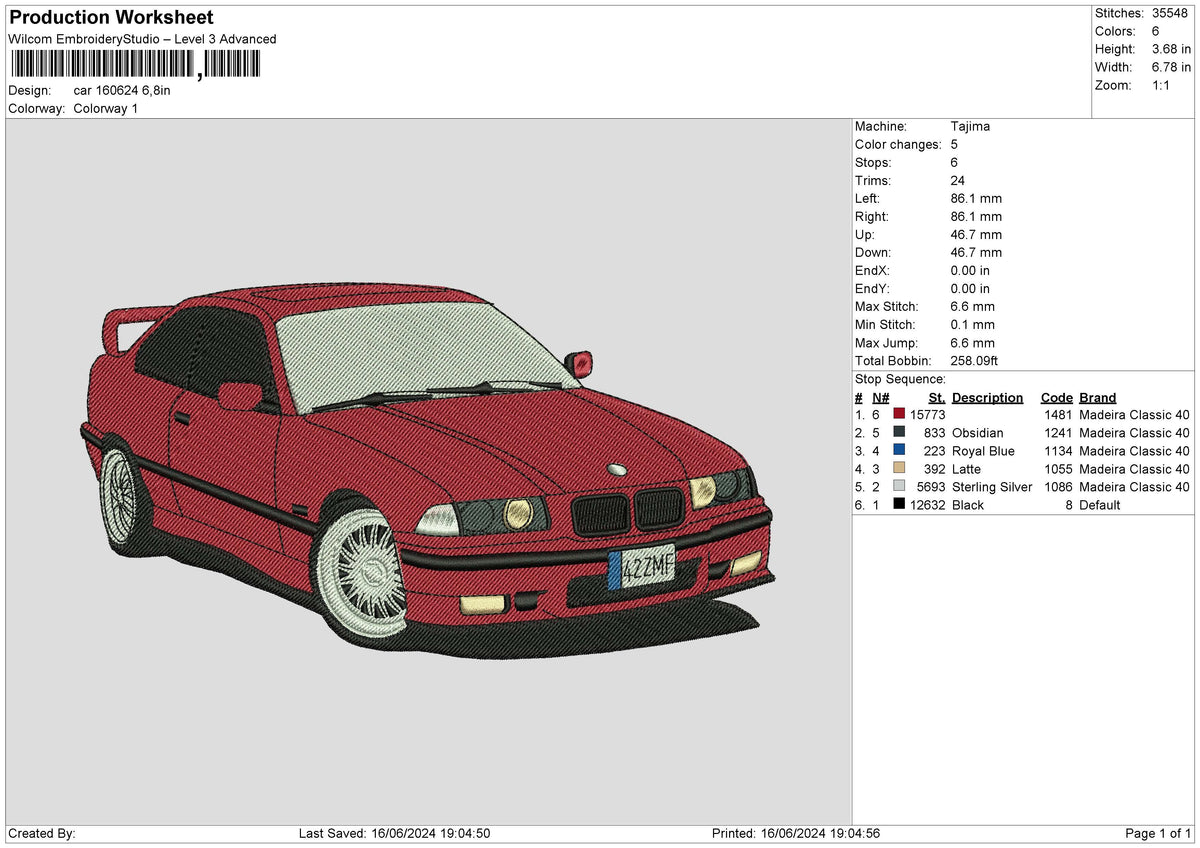 Car 160624 Embroidery File 6 size