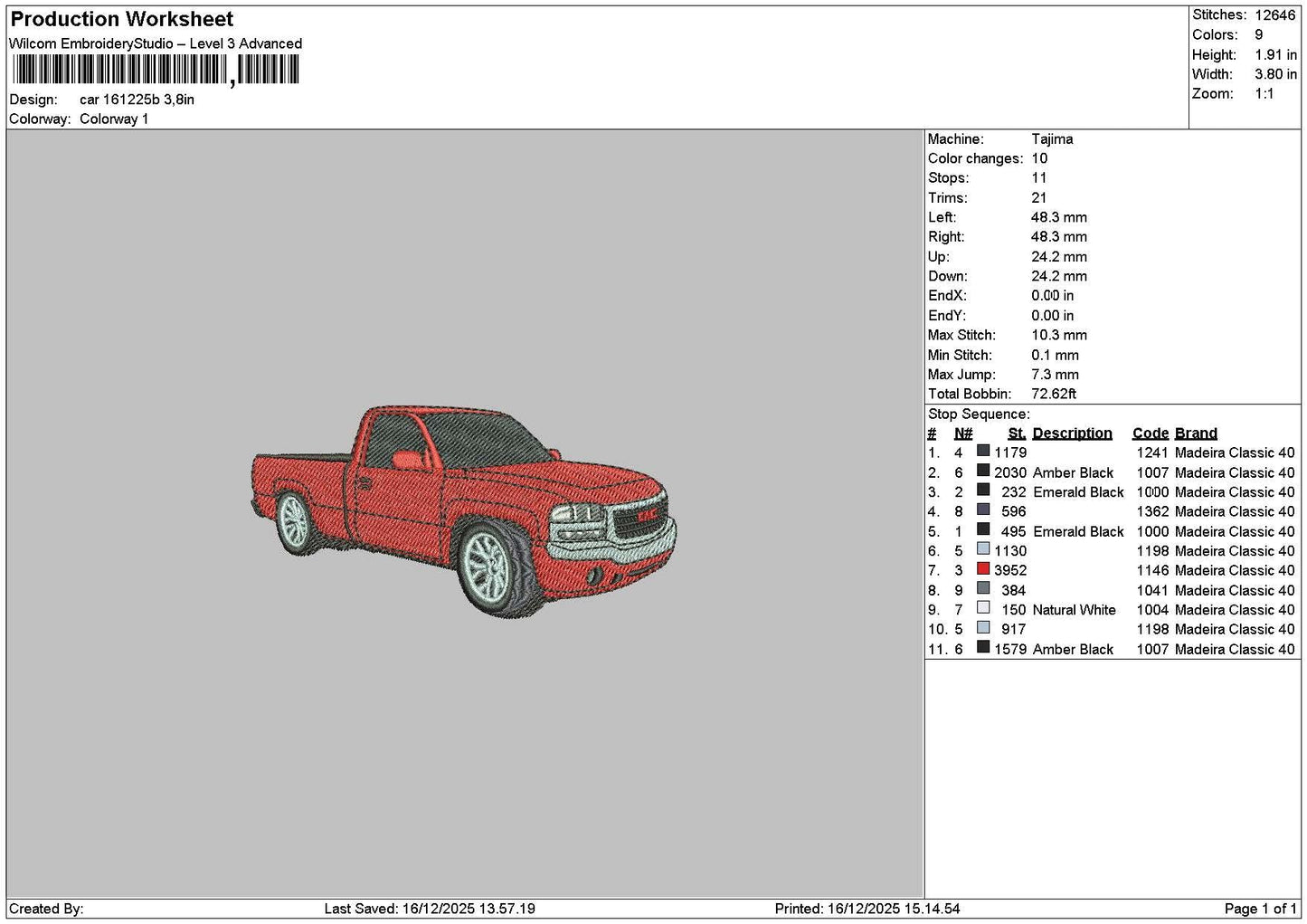Red Car 1612 Embroidery File 6 sizes