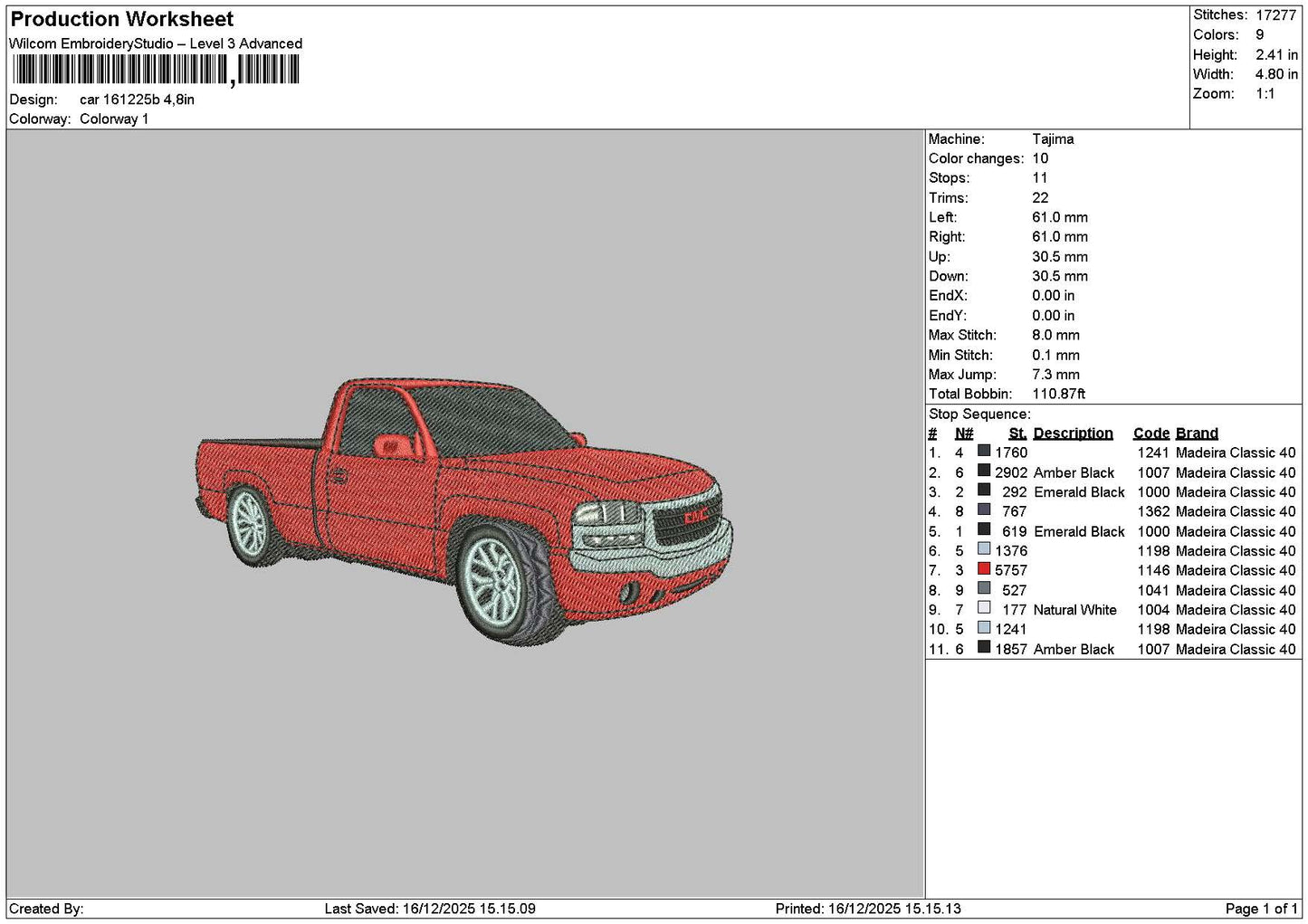 Red Car 1612 Embroidery File 6 sizes