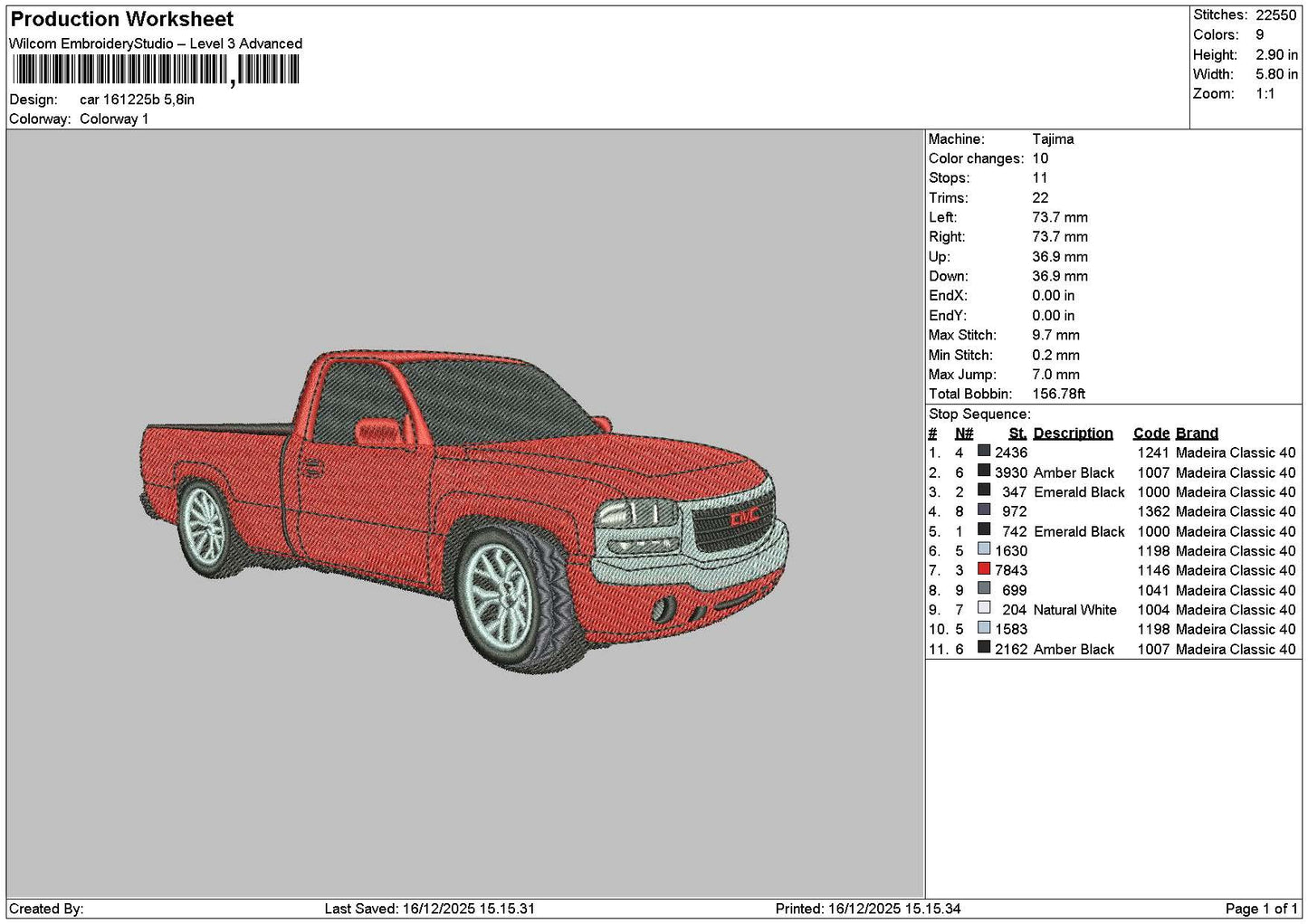 Red Car 1612 Embroidery File 6 sizes