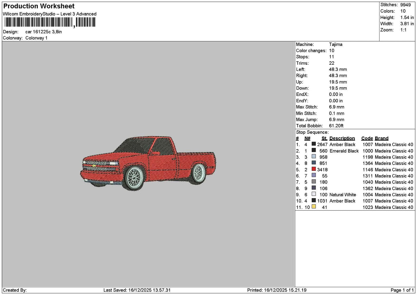 Red Car 1612c Embroidery File 6 sizes
