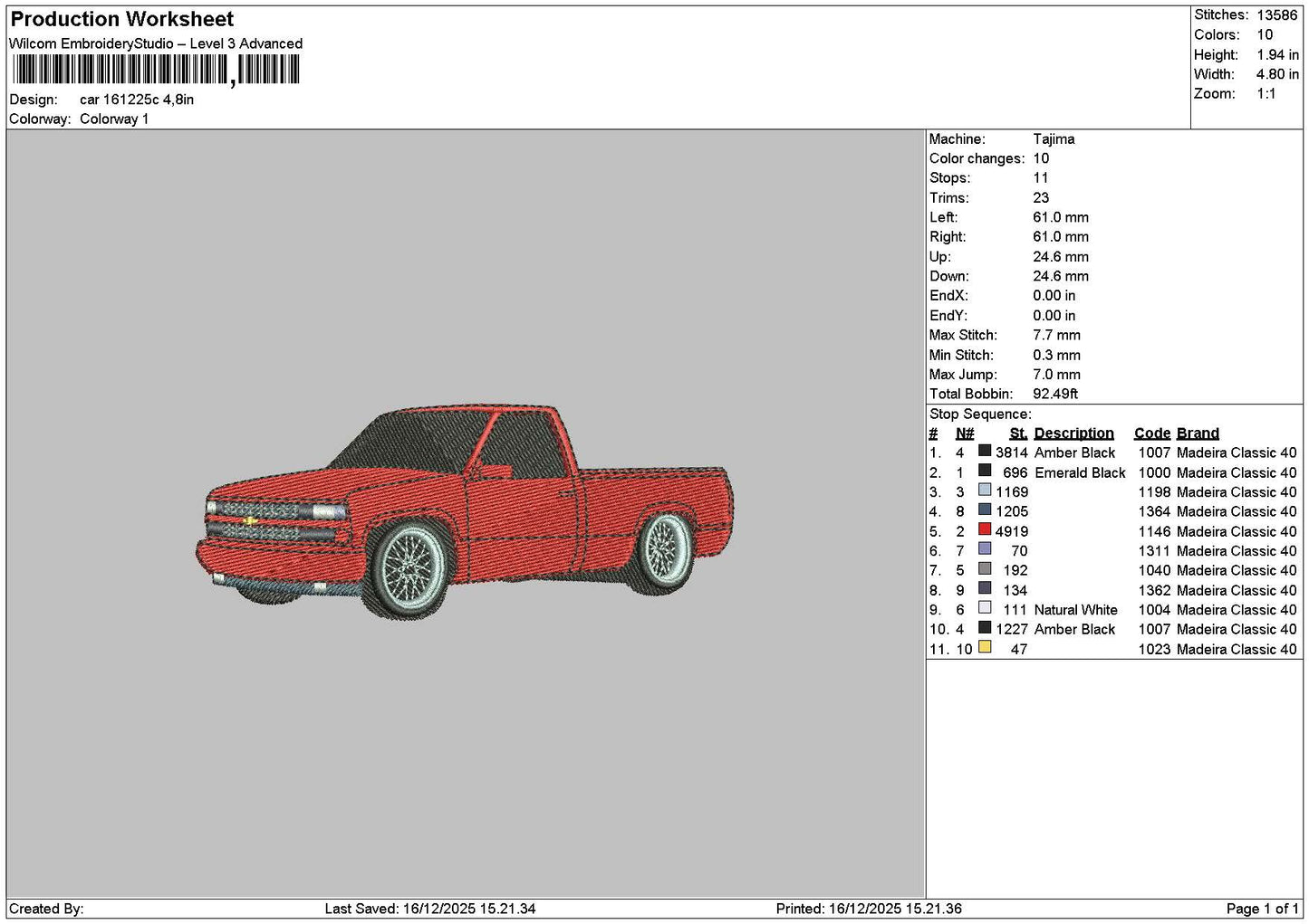 Red Car 1612c Embroidery File 6 sizes