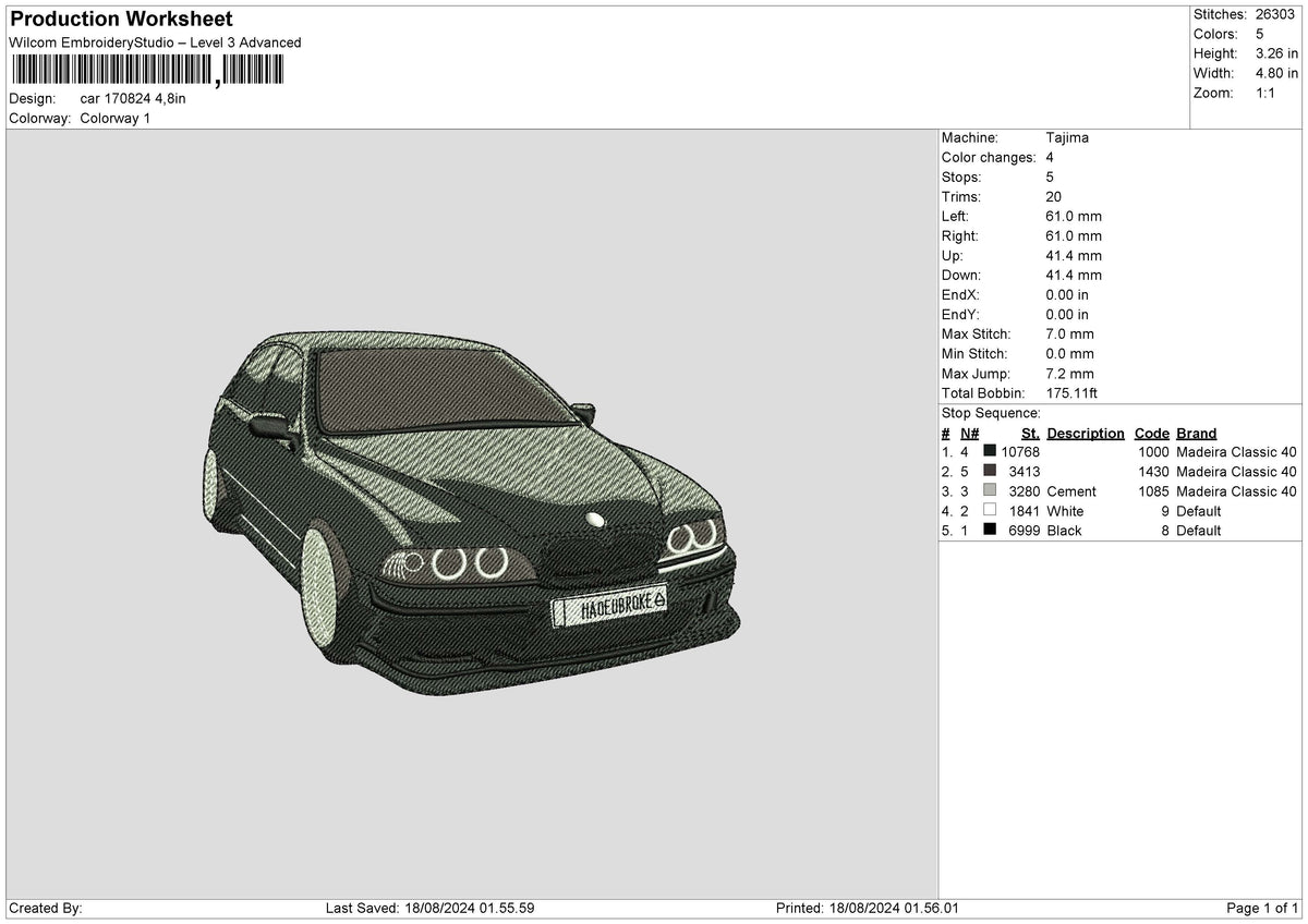 Car 1708 Embroidery File 6 sizes