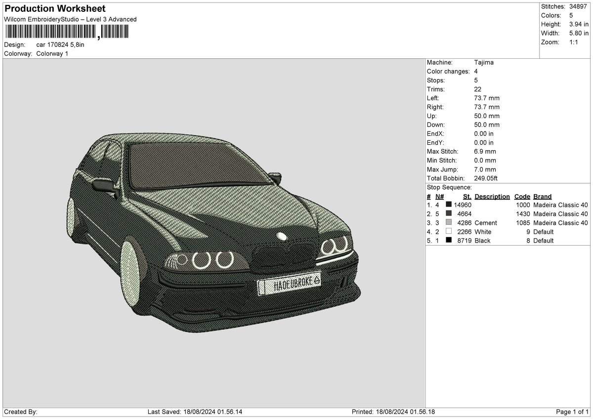 Car 1708 Embroidery File 6 sizes
