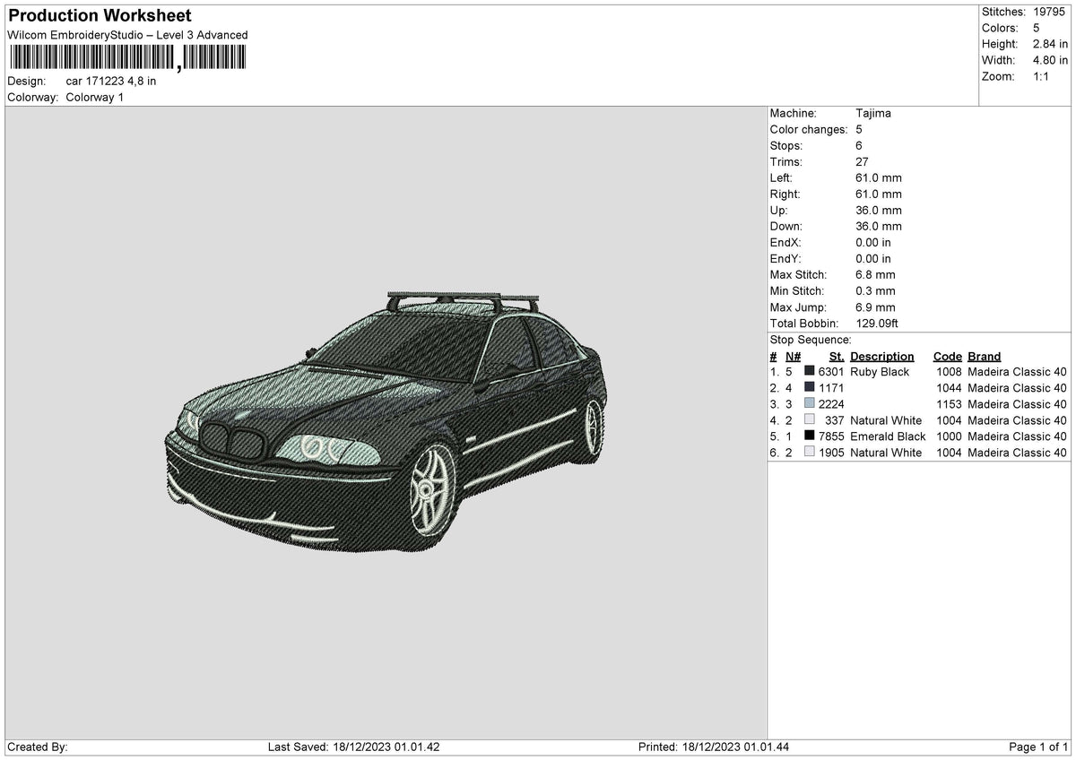 Black Car 1712 Embroidery File 6 sizes
