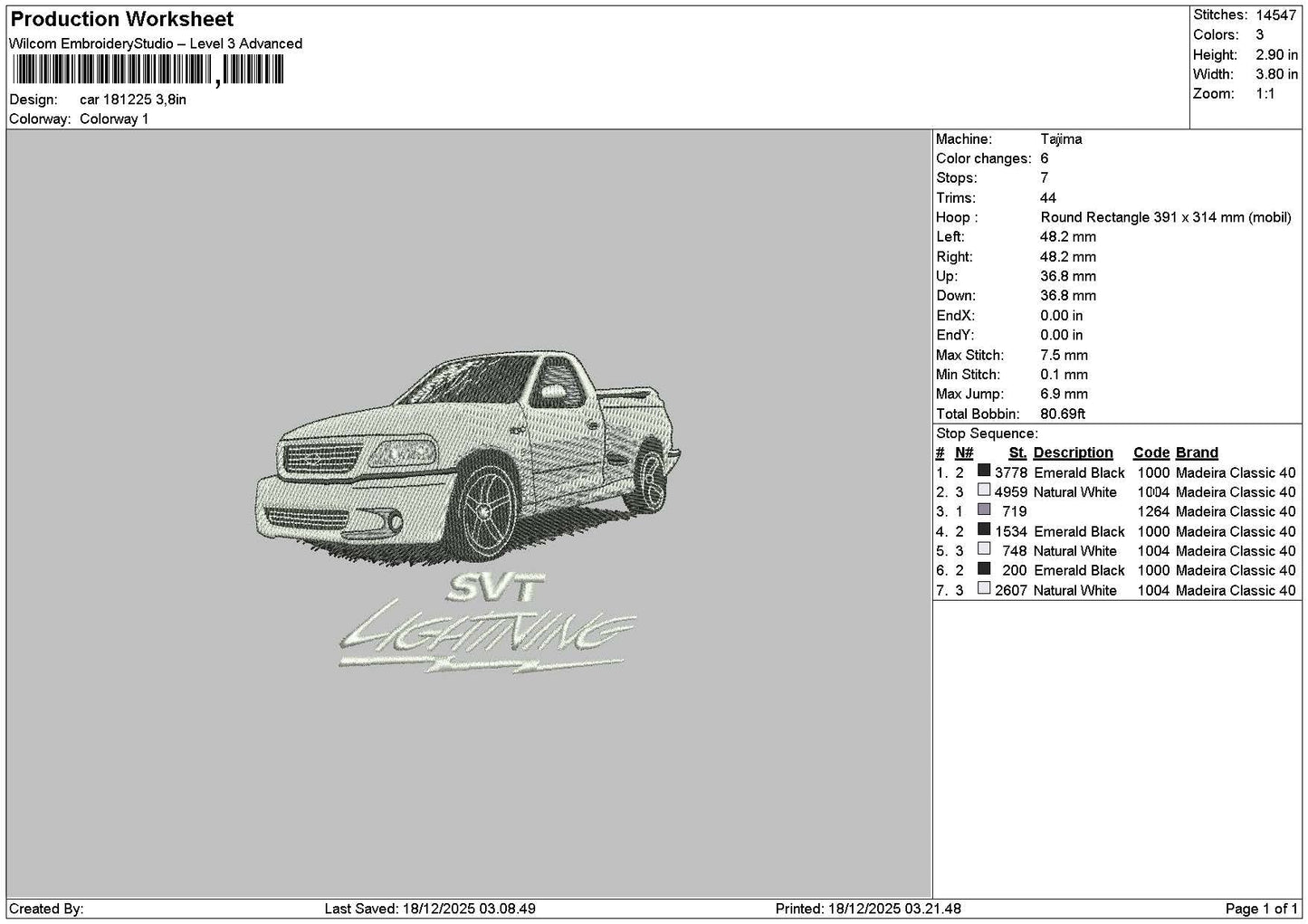 White Car 1812 Embroidery File 6 sizes