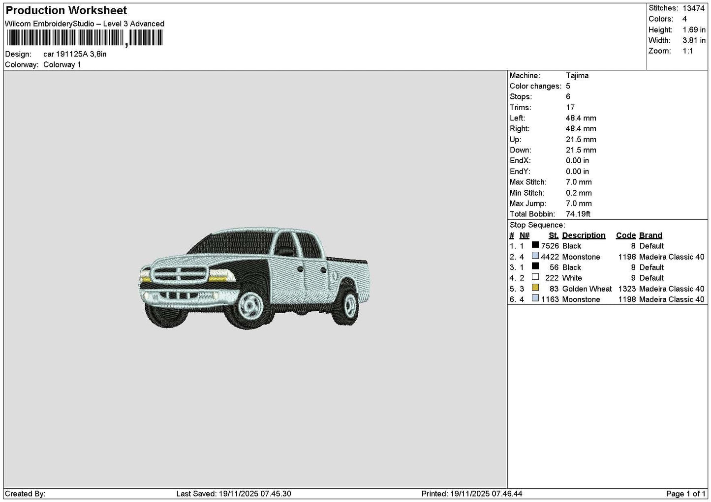 Car 1911a Embroidery File 6 sizes