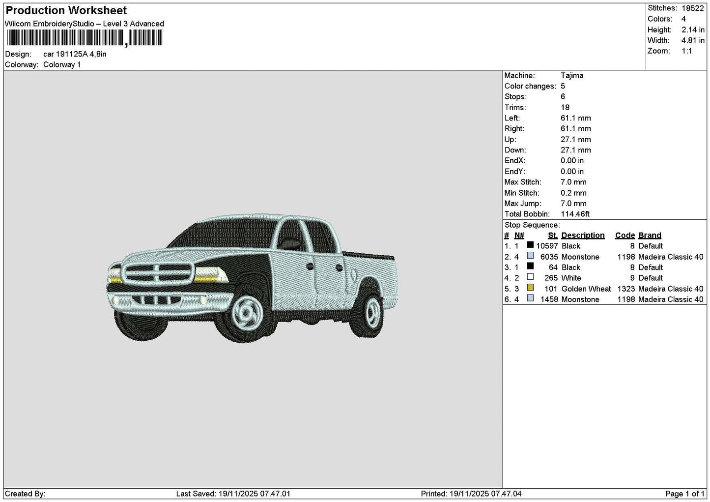 Car 1911a Embroidery File 6 sizes