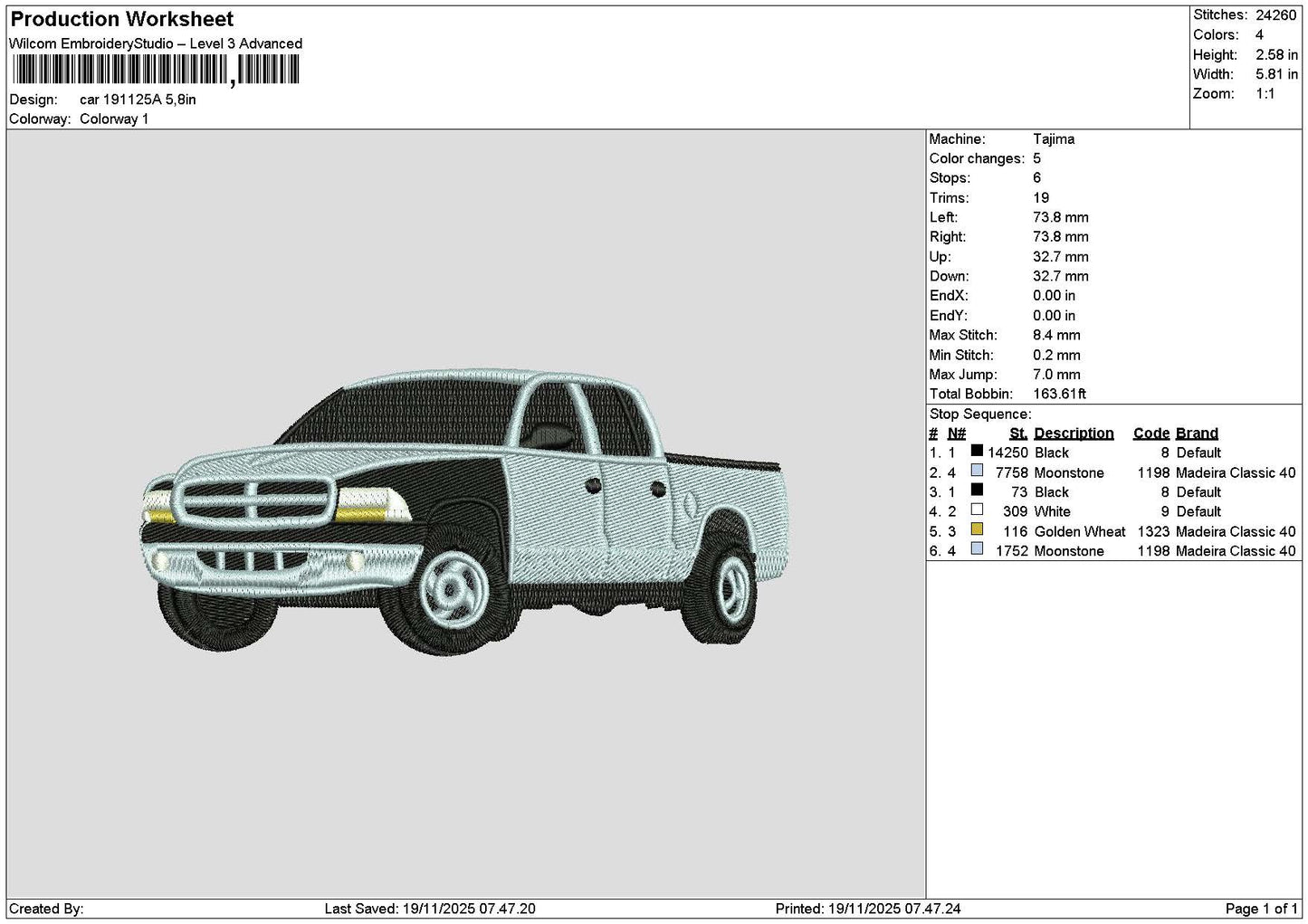 Car 1911a Embroidery File 6 sizes