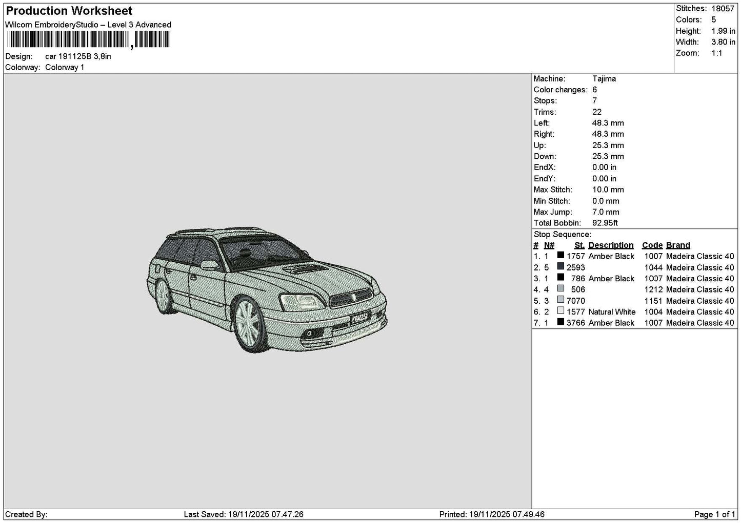 Car 1911b Embroidery File 6 sizes