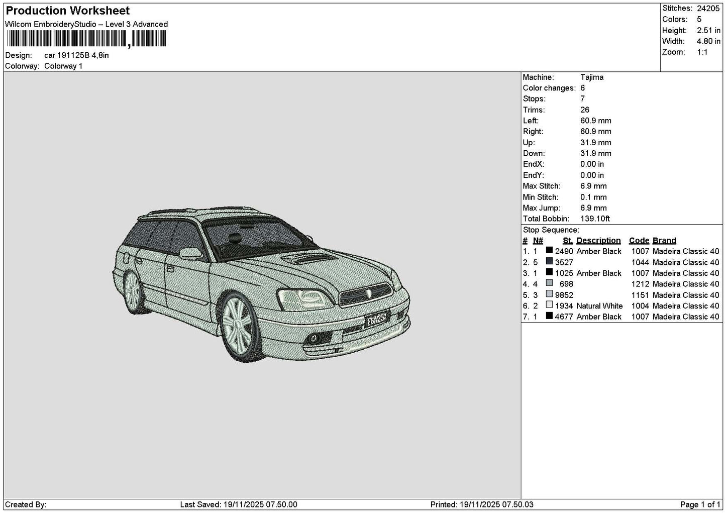 Car 1911b Embroidery File 6 sizes