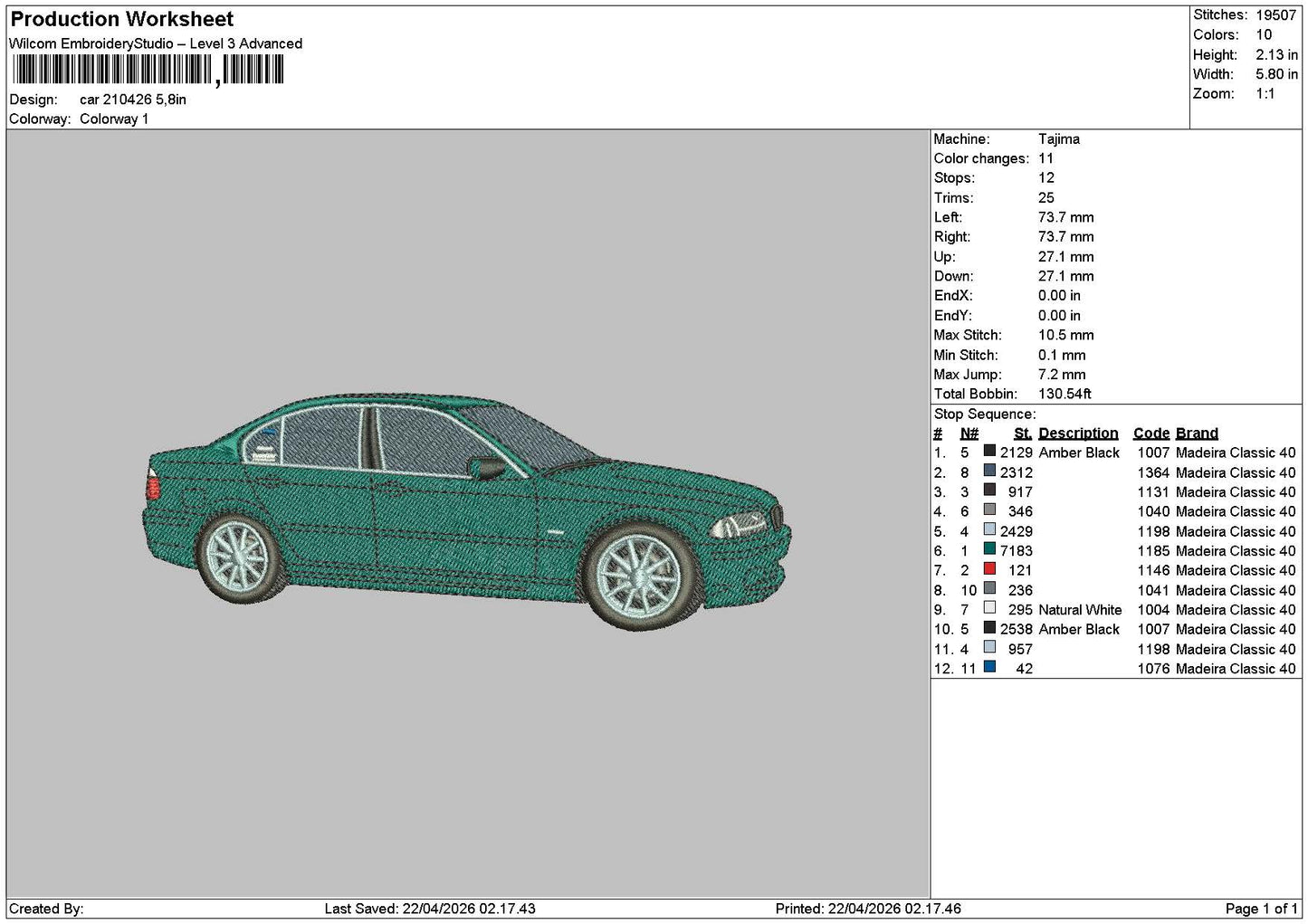 Green Car 2104 Embroidery File 6 sizes