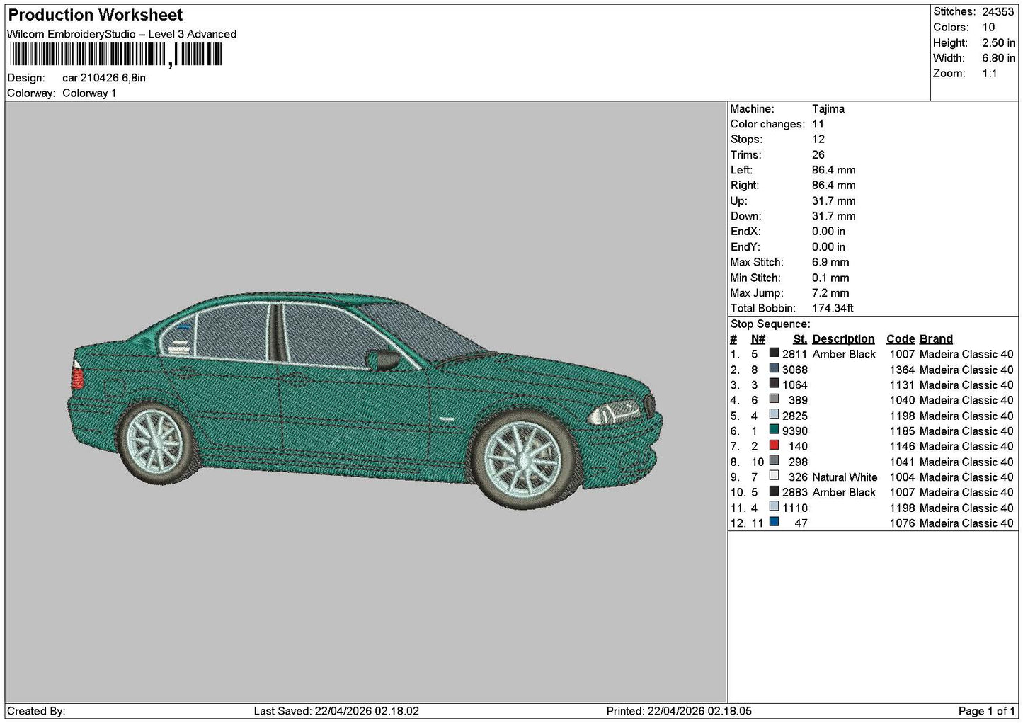 Green Car 2104 Embroidery File 6 sizes