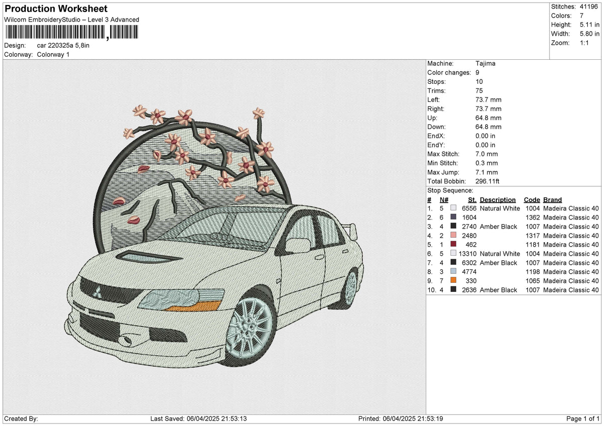 Car 220325a Embroidery File 6 size