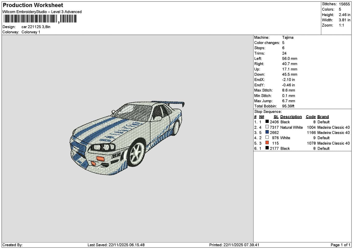 Car 2211 Embroidery File 6 sizes