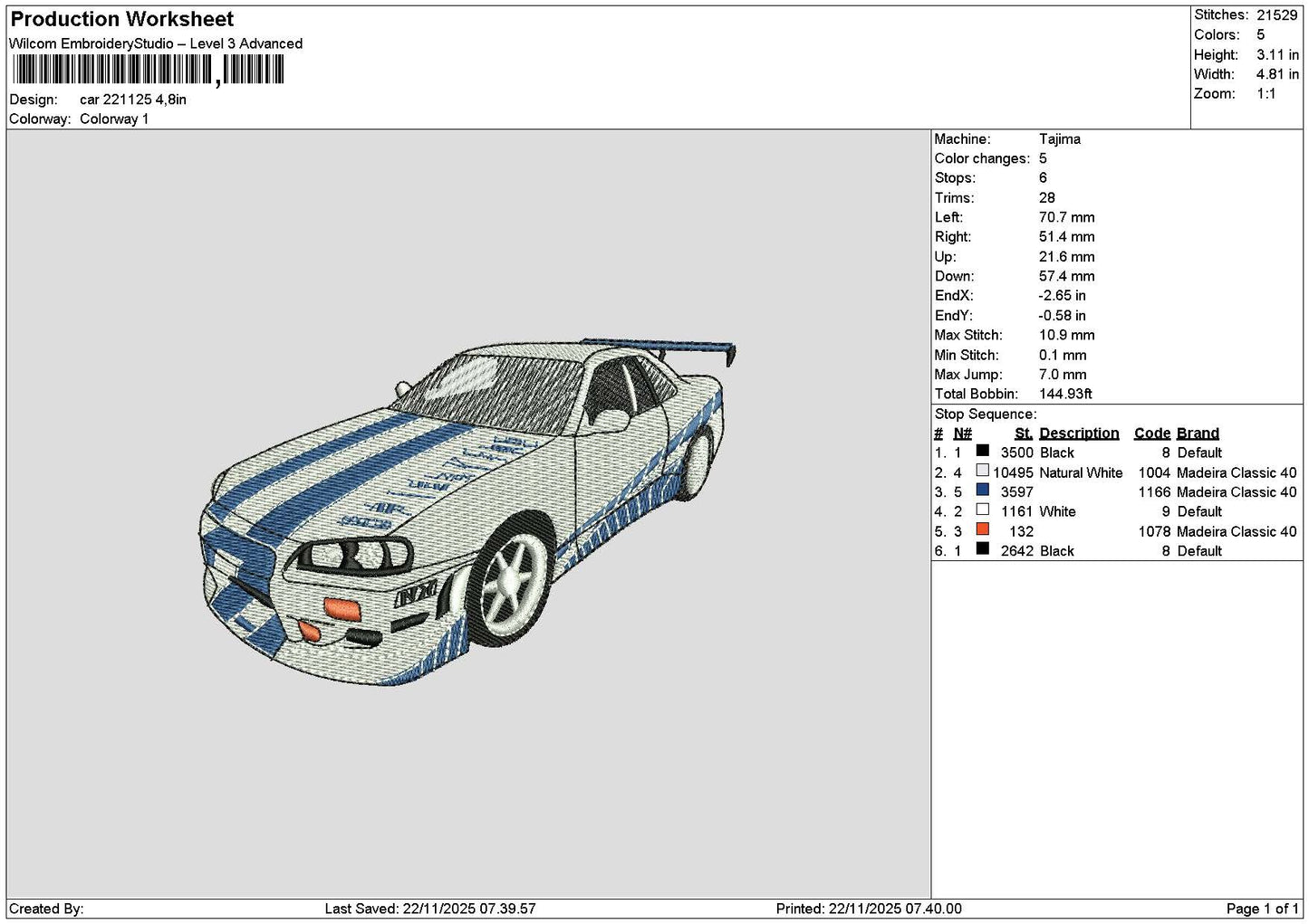 Car 2211 Embroidery File 6 sizes