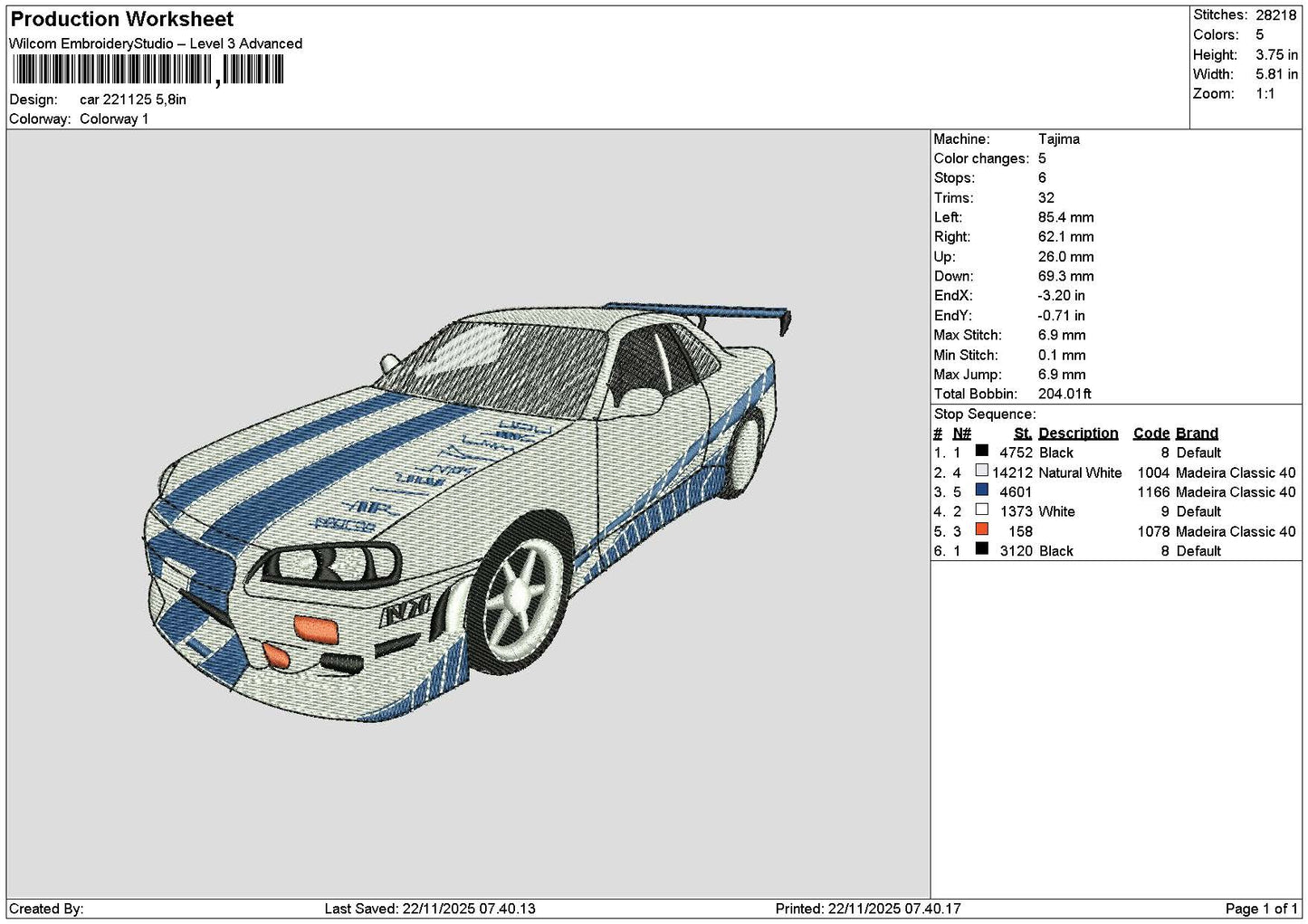 Car 2211 Embroidery File 6 sizes