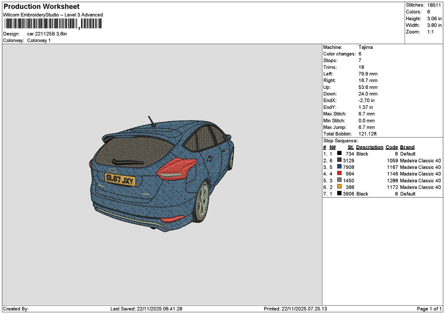 Car 2211b Embroidery File 6 sizes
