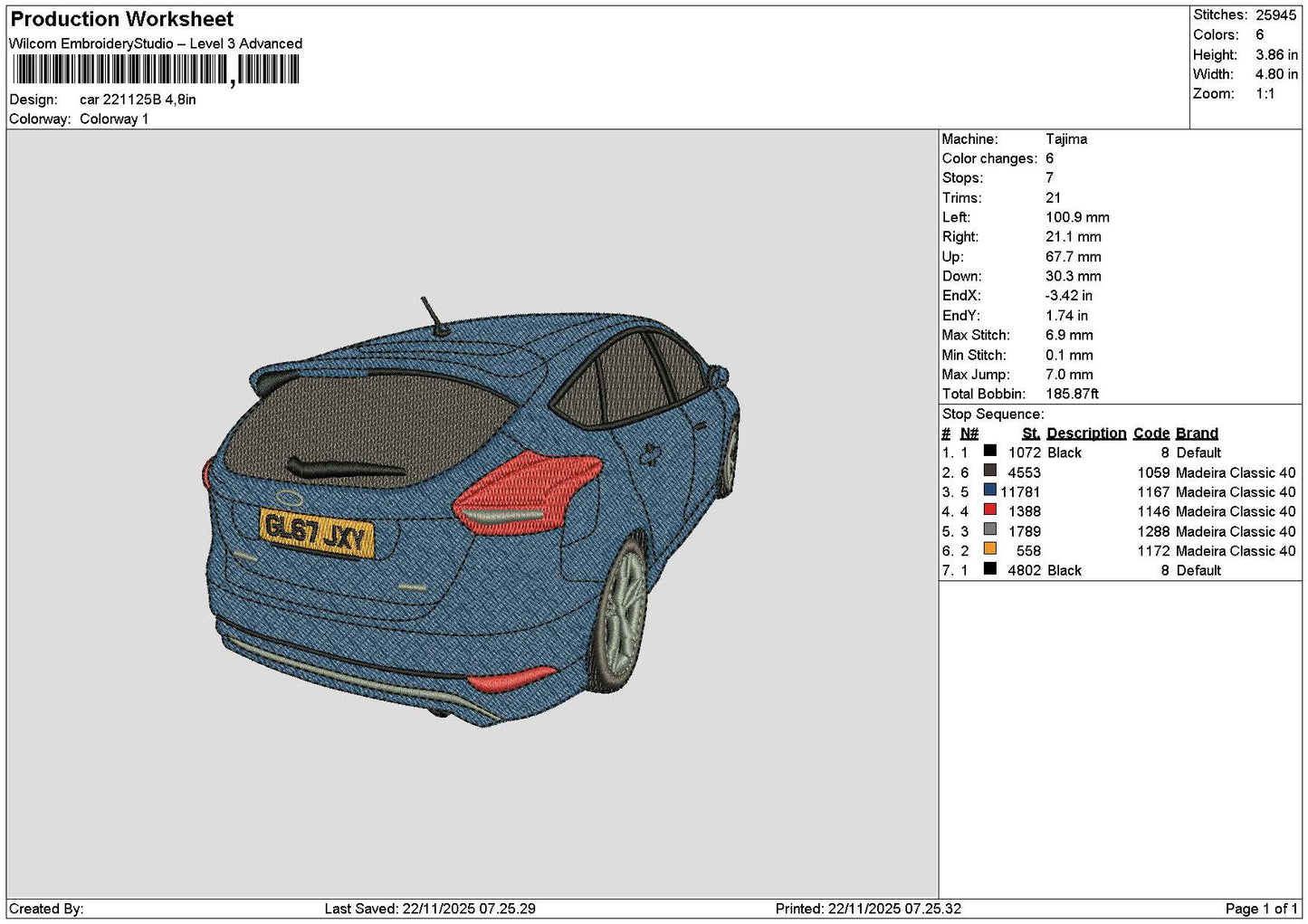 Car 2211b Embroidery File 6 sizes