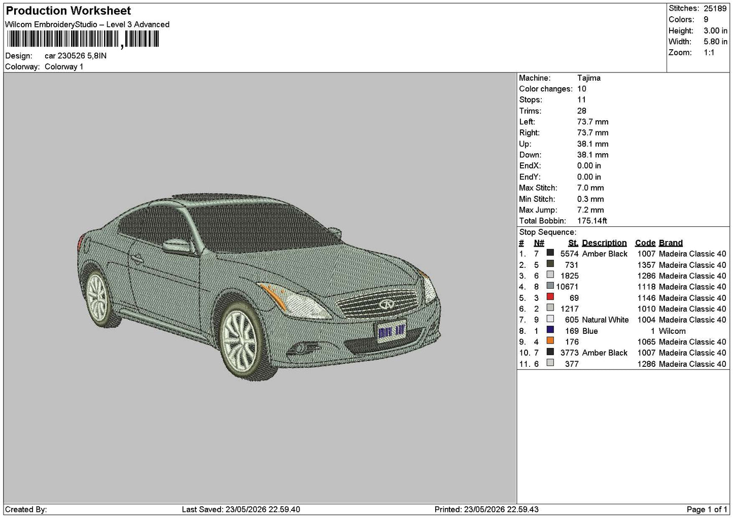 Grey Car 2305 Embroidery File 6 sizes