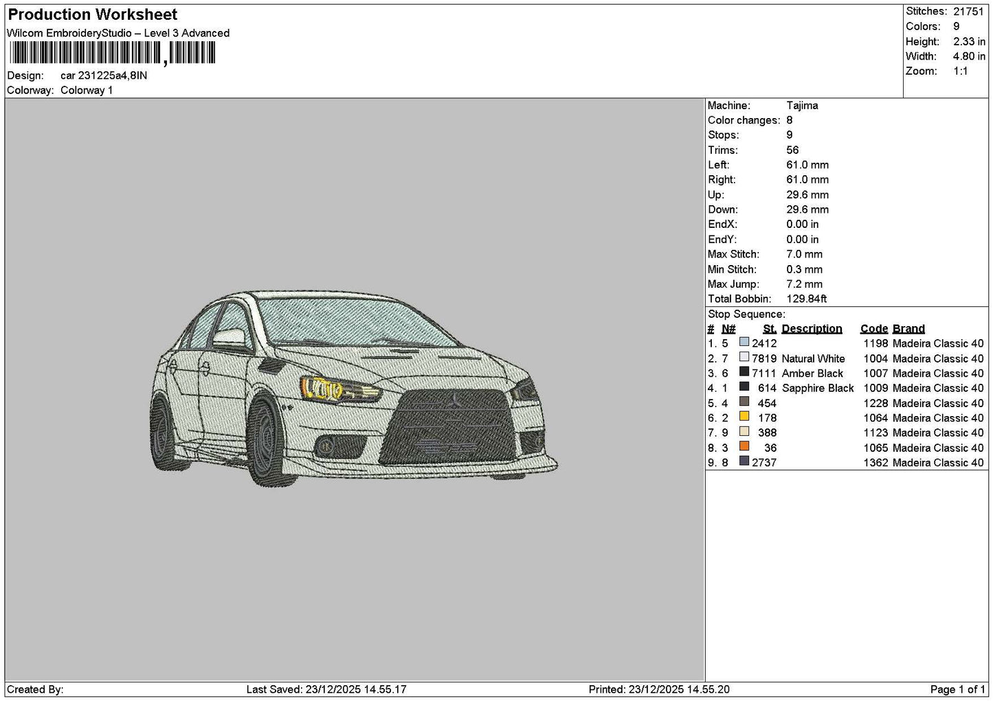 White Car 2312 Embroidery File 6 sizes