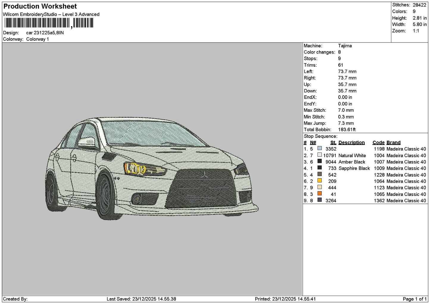 White Car 2312 Embroidery File 6 sizes
