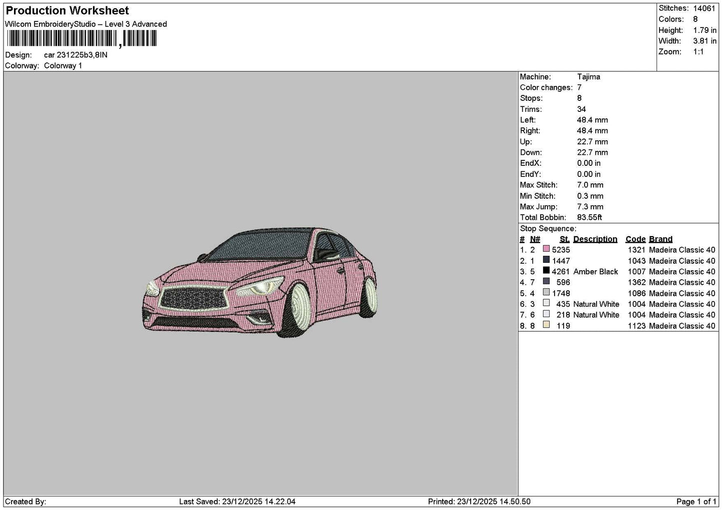 Pink Car 2312 Embroidery File 6 sizes