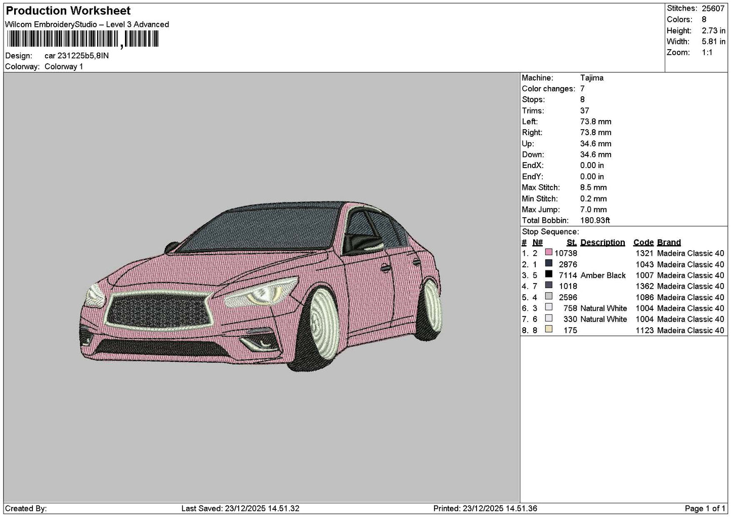 Pink Car 2312 Embroidery File 6 sizes