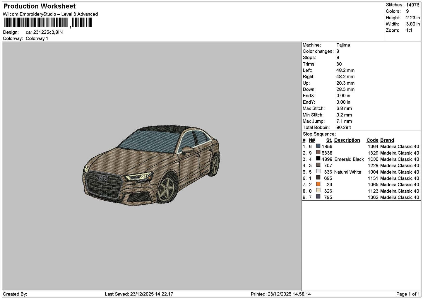 Brown Car 2312 Embroidery File 6 sizes