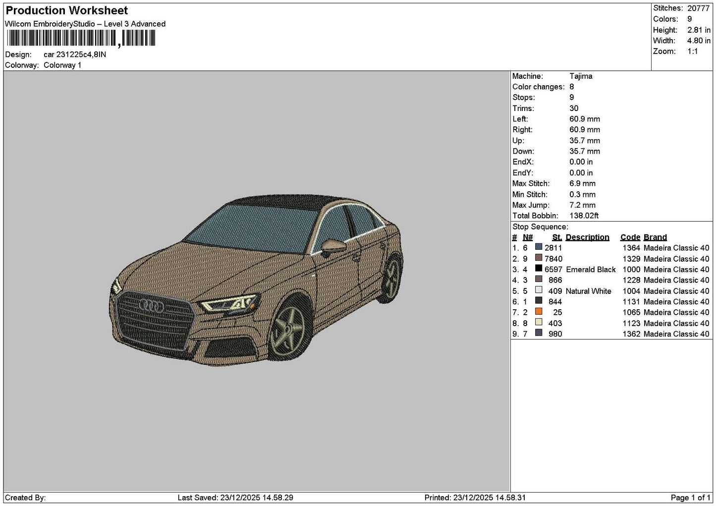 Brown Car 2312 Embroidery File 6 sizes