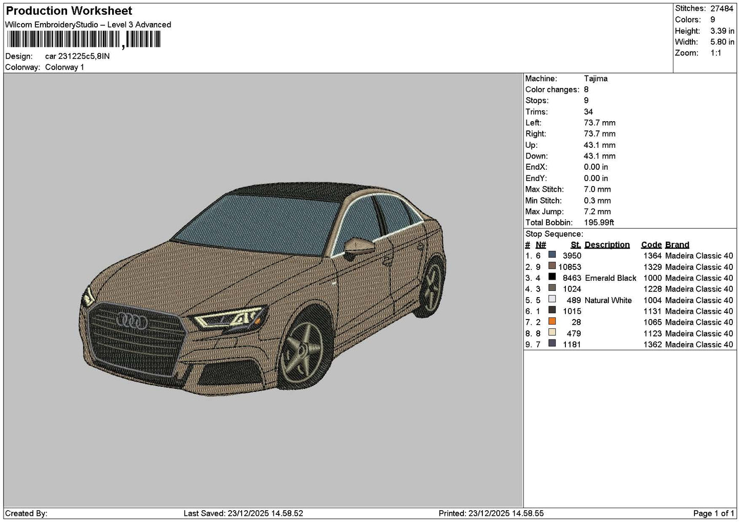 Brown Car 2312 Embroidery File 6 sizes